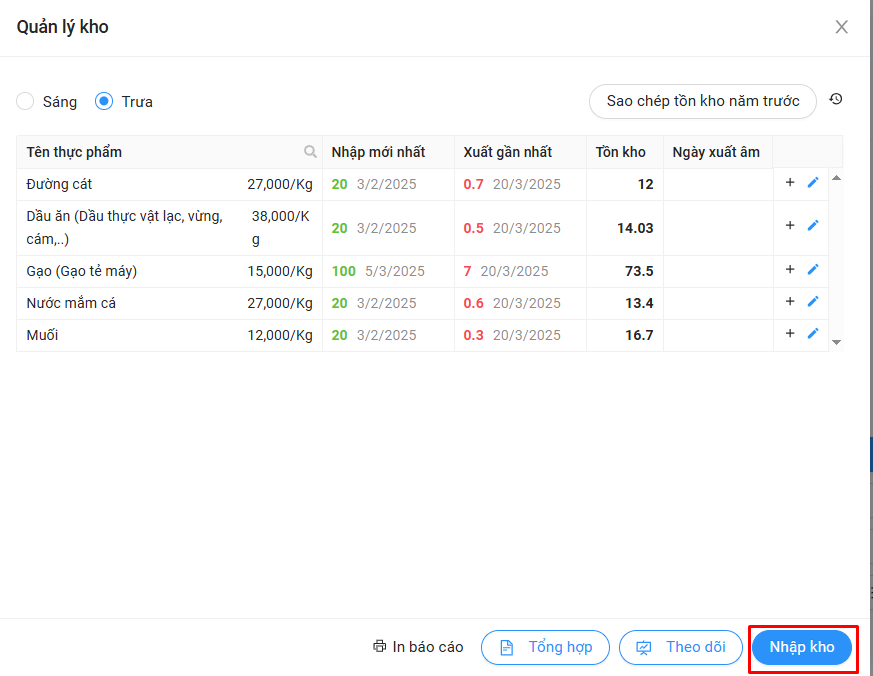 Bấm vào nút nhập kho ở góc dưới bên phải modal