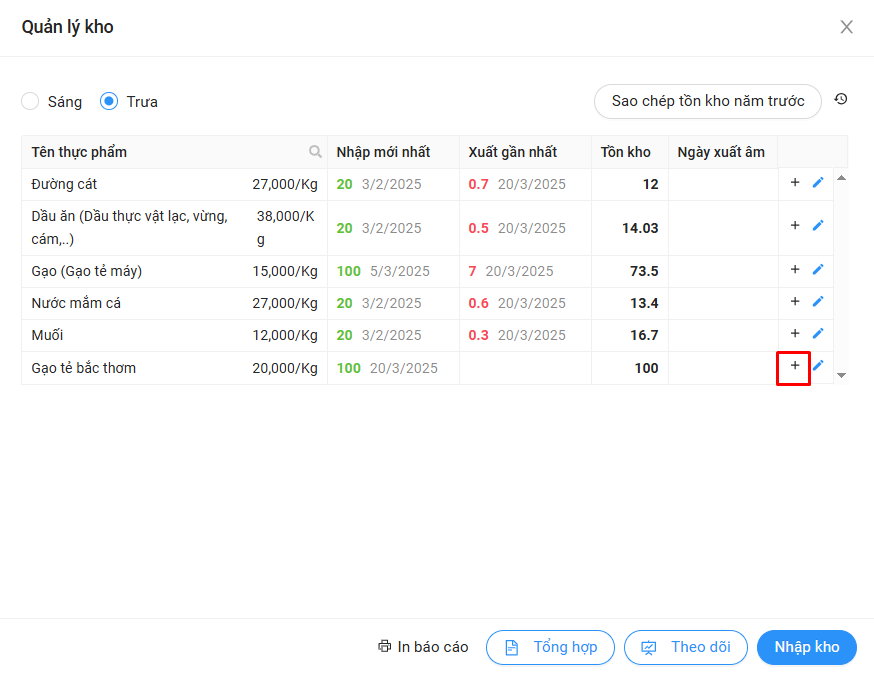Bấm vào icon dấu + để thêm lượng vào kho